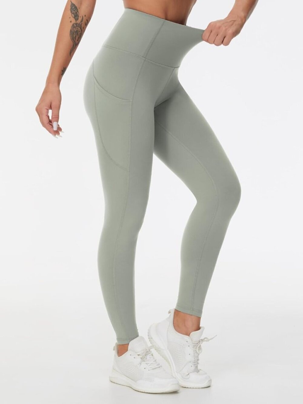 🆕Women Neutral Light Gray Thick High Waist Tummy Control Workout Yoga Leggings - Picture 6 of 7